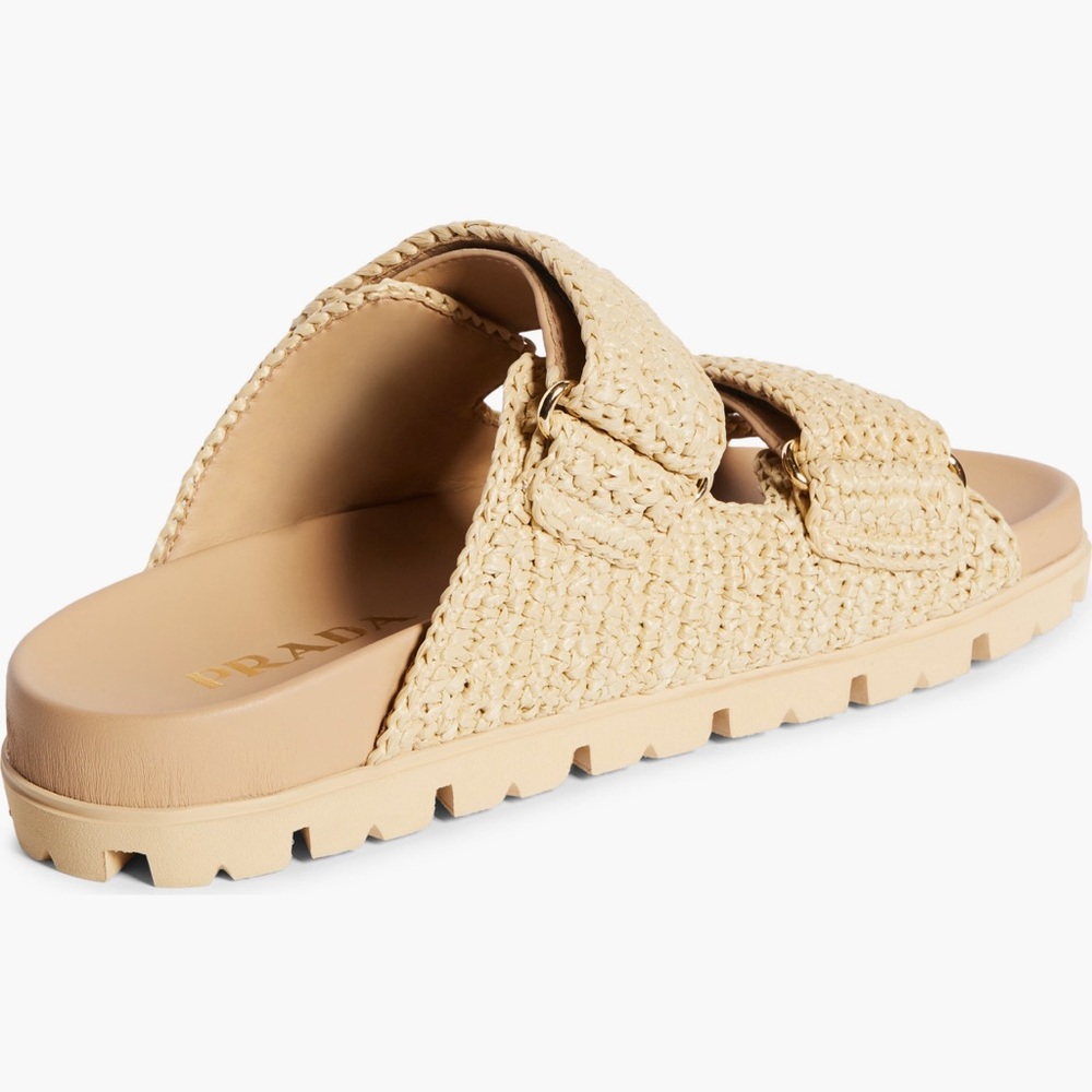 Authentic Prada Fussbett Raffia Double Band Slide Sandal Natural New 9 US 39 EU - Picture 2 of 13